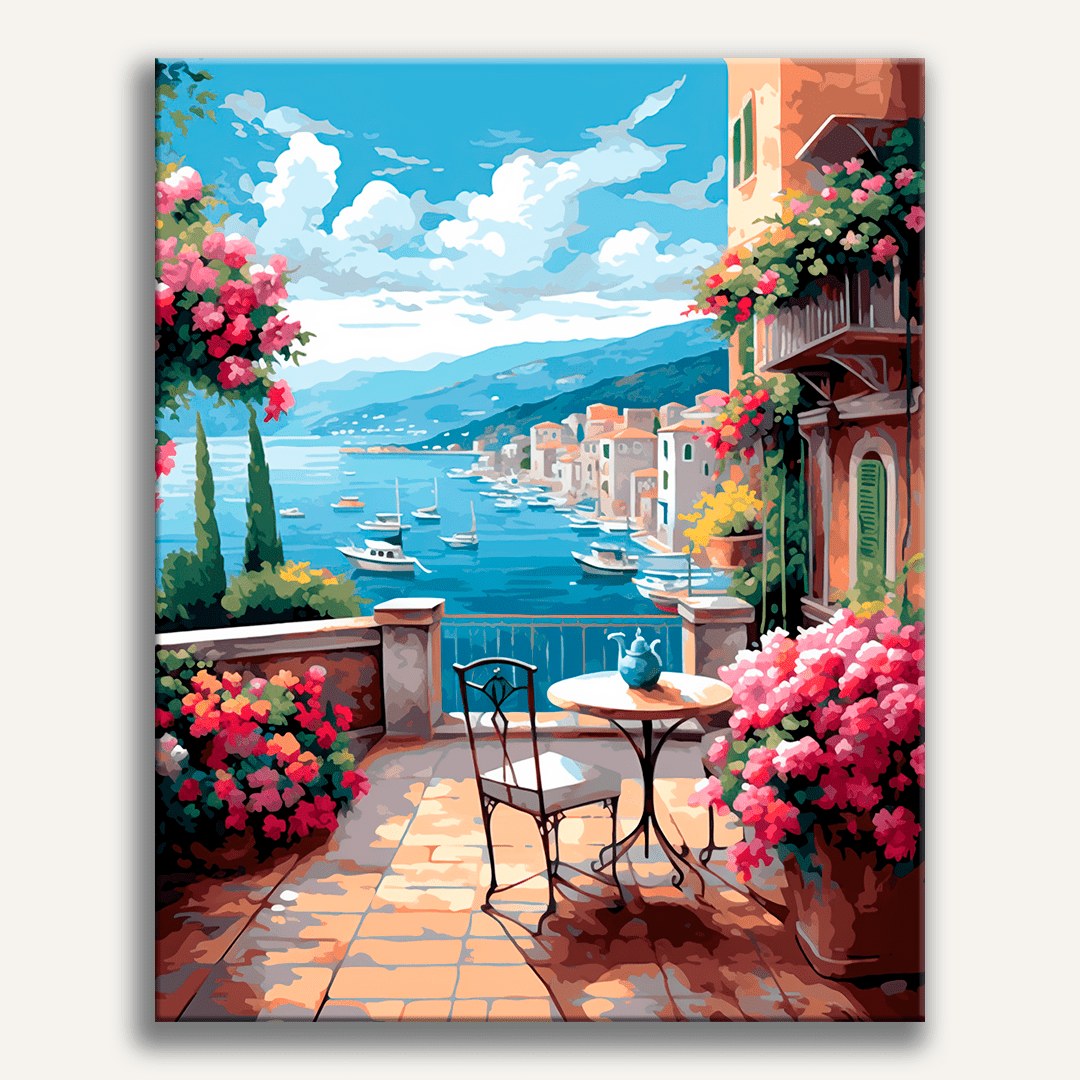 Peinture par numéro adulte Port sous le ciel bleu, visuel complet du design sur toile — Maison Artsen