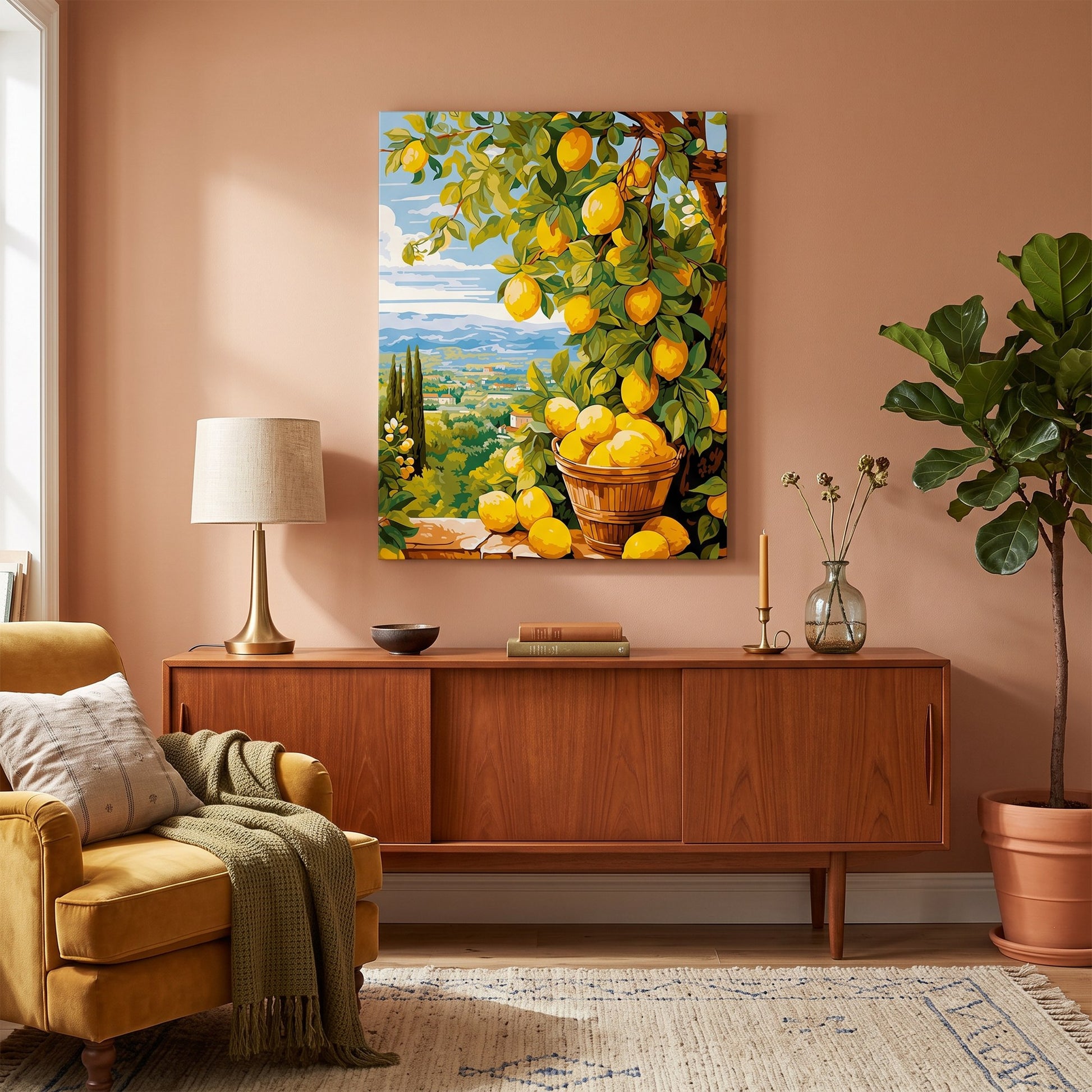 Tableau peinture par numéro Récolte de citrons accroché dans un intérieur décoré — Maison Artsen