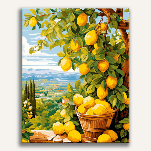 Peinture par numéro adulte Récolte de citrons, visuel complet du design sur toile — Maison Artsen