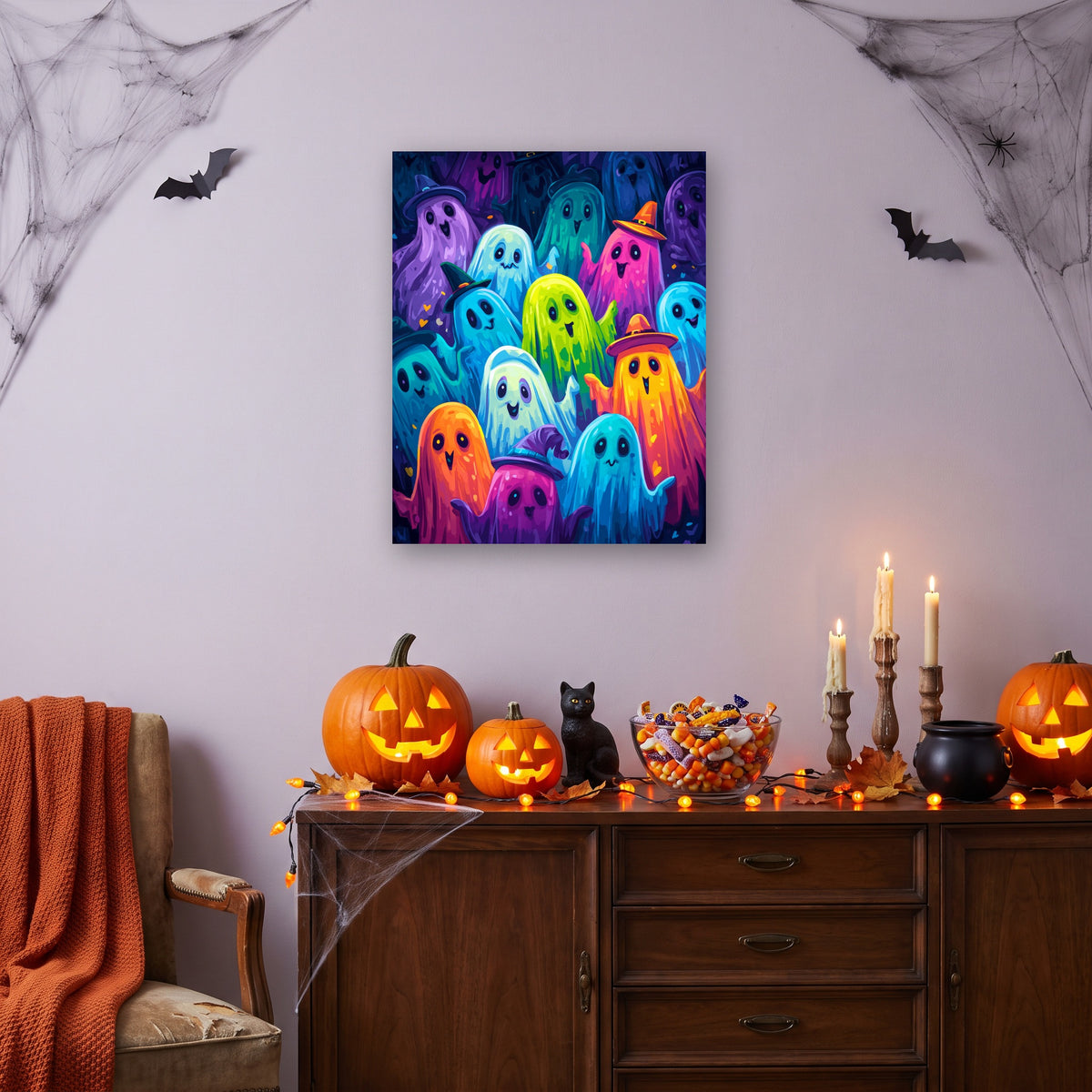 Tableau peinture par numéro Ribambelle de Fantômes accroché dans un salon décoré pour Halloween — Maison Artsen
