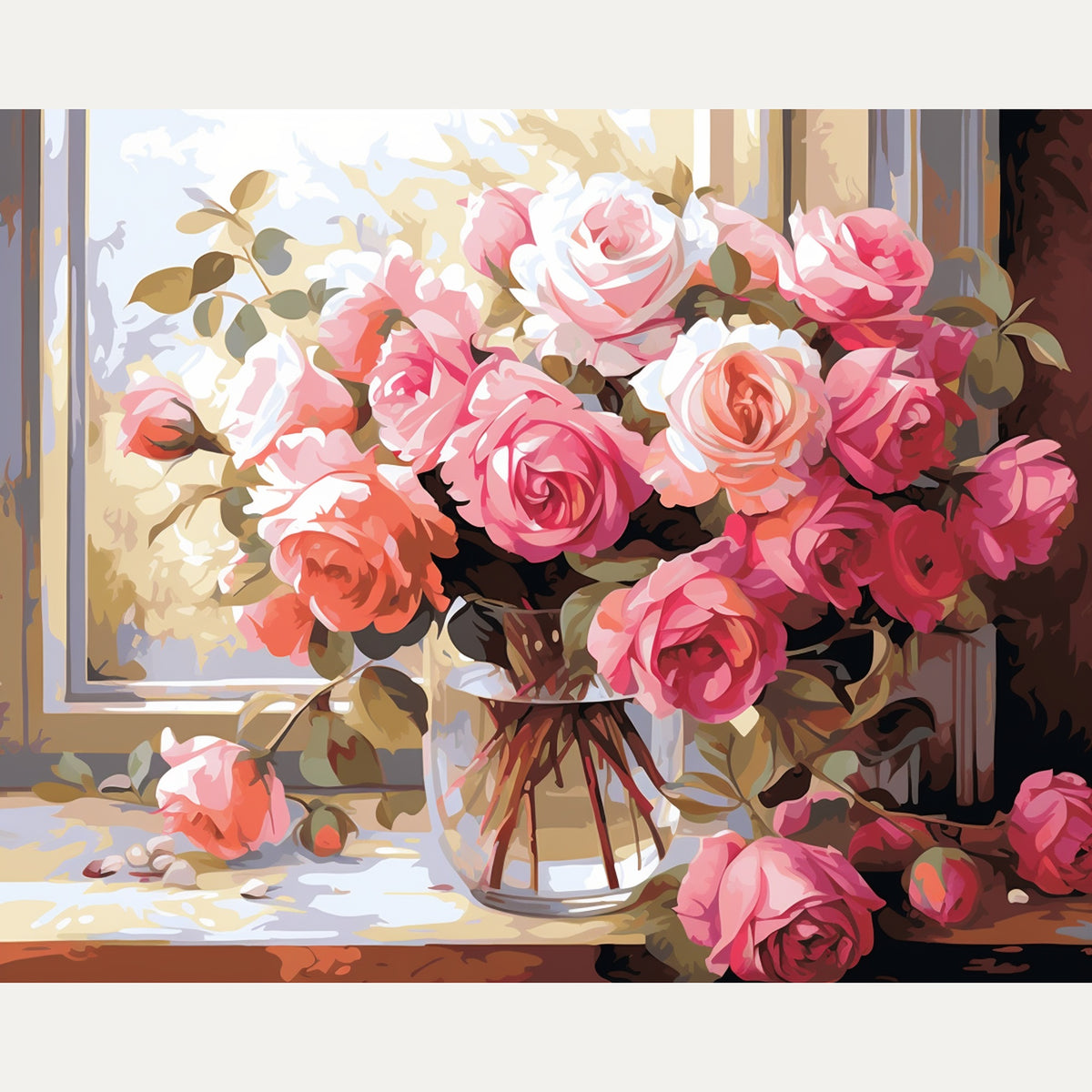 Peinture par numéro adulte Roses à la Fenêtre, visuel complet du design sur toile — Maison Artsen