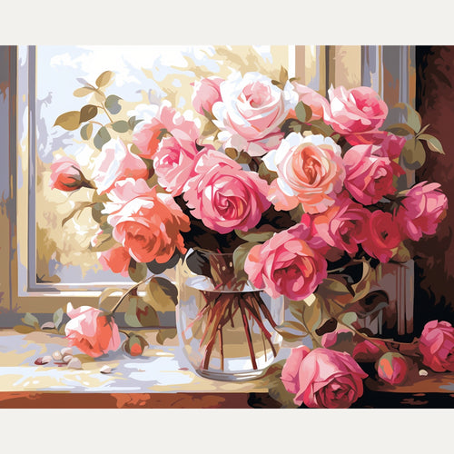 Peinture par numéro adulte Roses à la Fenêtre, visuel complet du design sur toile — Maison Artsen