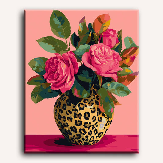 Peinture par numéro adulte Roses en Vase Léopard, visuel complet du design sur toile — Maison Artsen