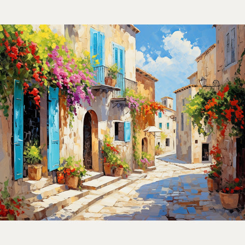 Peinture par numéro adulte Ruelle aux Volets Bleus, visuel complet du design sur toile — Maison Artsen