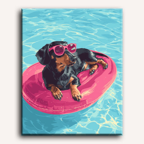 Peinture par numéro adulte Teckel à la Piscine, visuel complet du design sur toile — Maison Artsen