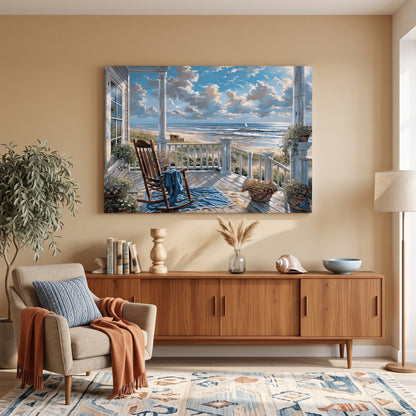 Tableau peinture par numéro Terrasse face à la mer accroché dans un intérieur décoré — Maison Artsen