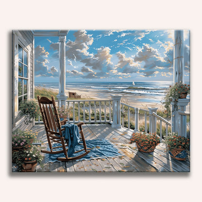 Peinture par numéro adulte Terrasse face à la mer, visuel complet du design sur toile — Maison Artsen
