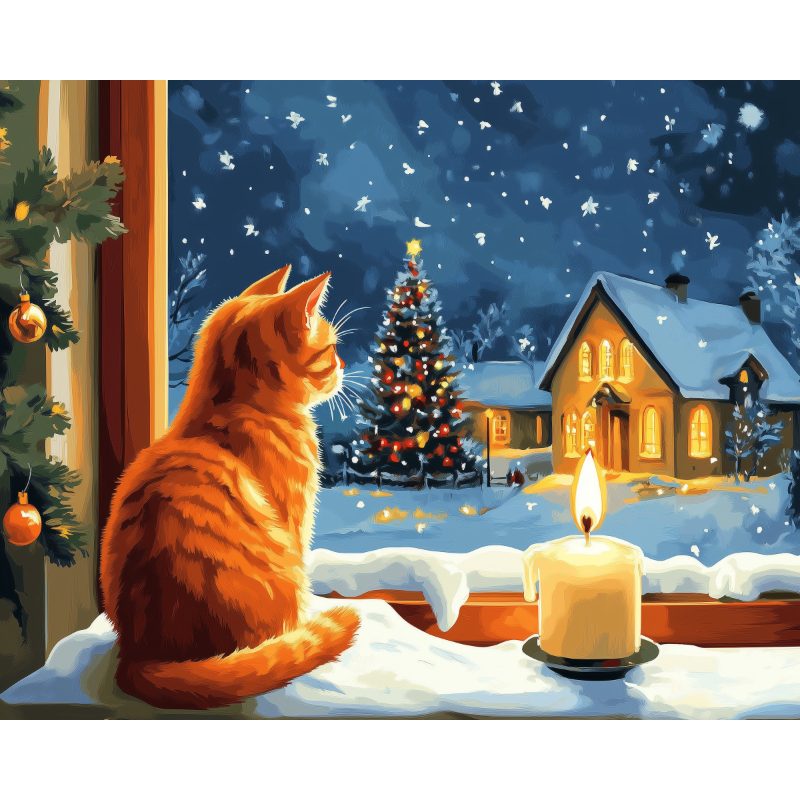 Peinture par numéro adulte Chat à la Chandelle, visuel complet du design sur toile — Maison Artsen