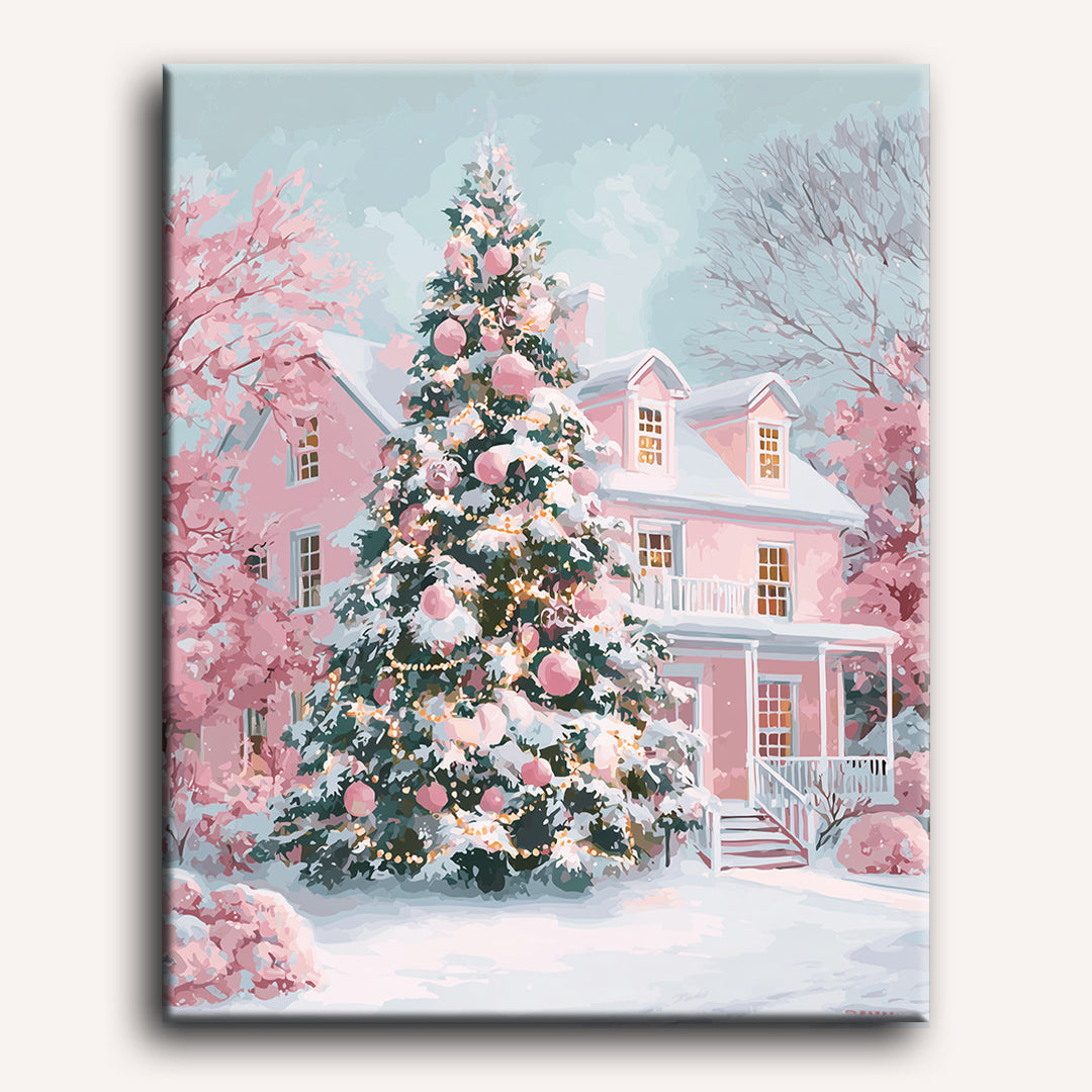 Peinture par numéro adulte Noël Rose Élégant, visuel complet du design sur toile — Maison Artsen