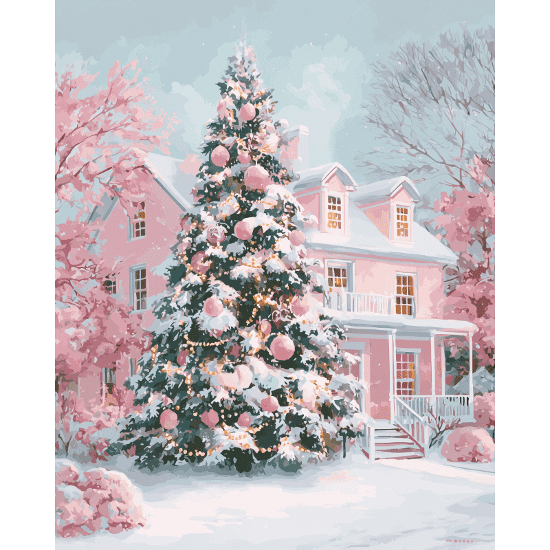 Peinture par numéro adulte Noël Rose Élégant, visuel complet du design sur toile — Maison Artsen