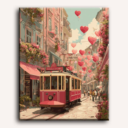 Peinture par numéro adulte Tramway de l'Amour, visuel complet du design sur toile — Maison Artsen