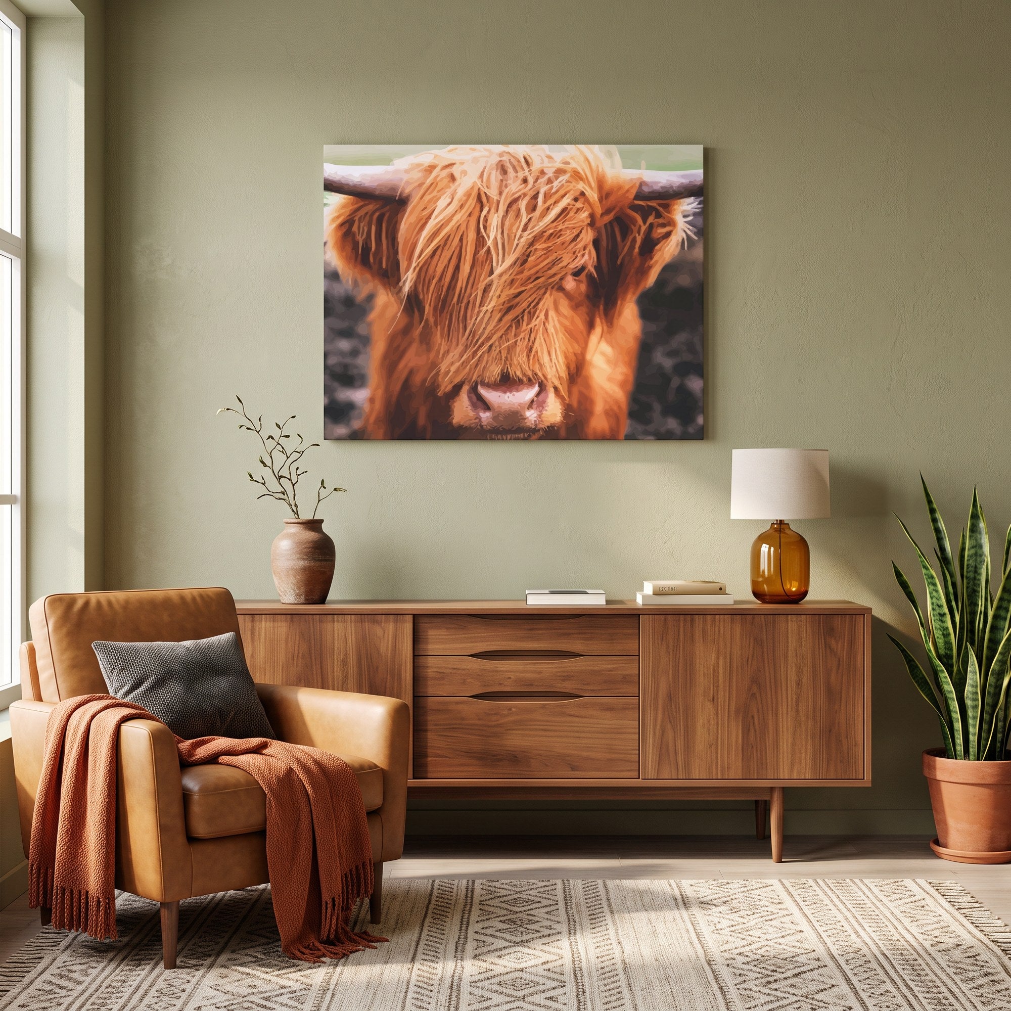 Tableau peinture par numéro Vache des Highlands accroché dans un intérieur décoré — Maison Artsen