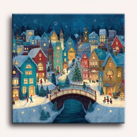 Peinture par numéro adulte Village de Noël Enneigé, visuel complet du design sur toile — Maison Artsen