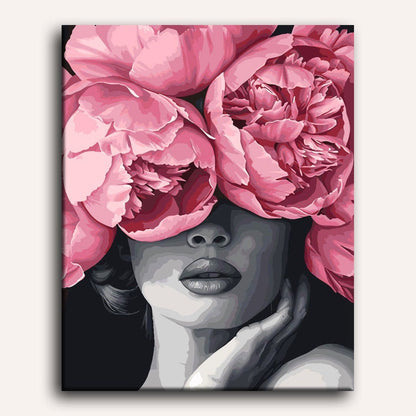 Peinture par numéro adulte Visage aux Pivoines, visuel complet du design sur toile — Maison Artsen