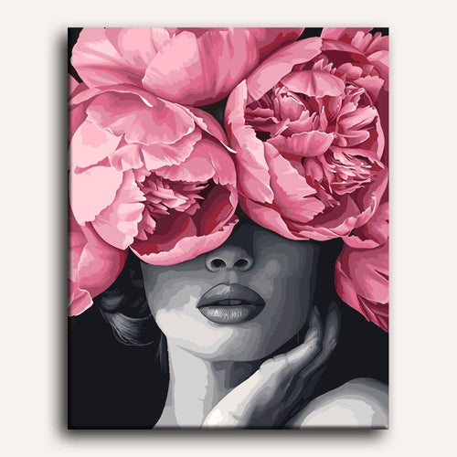 Peinture par numéro adulte Visage aux Pivoines, visuel complet du design sur toile — Maison Artsen