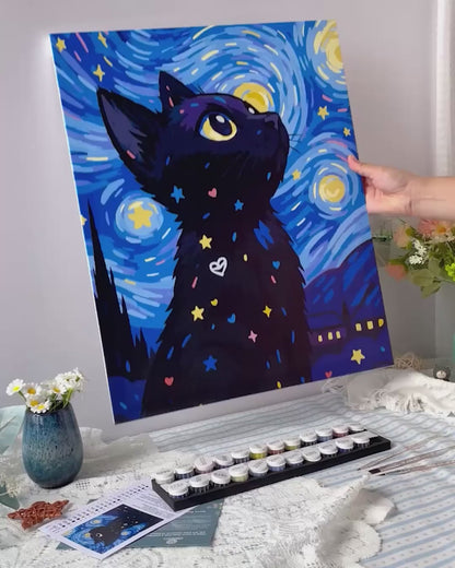 Cat in the Starry Night | Paint by Numbers, 12×16"